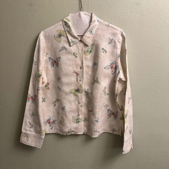 Talbots 100% Linen Button Down Blouse Size 10 Butterfly Print - Picture 1 of 13